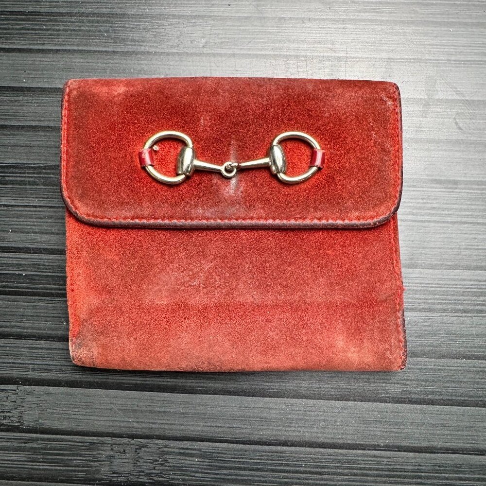 Gucci Red Rehab Suede Horsebit Bifold Wallet
